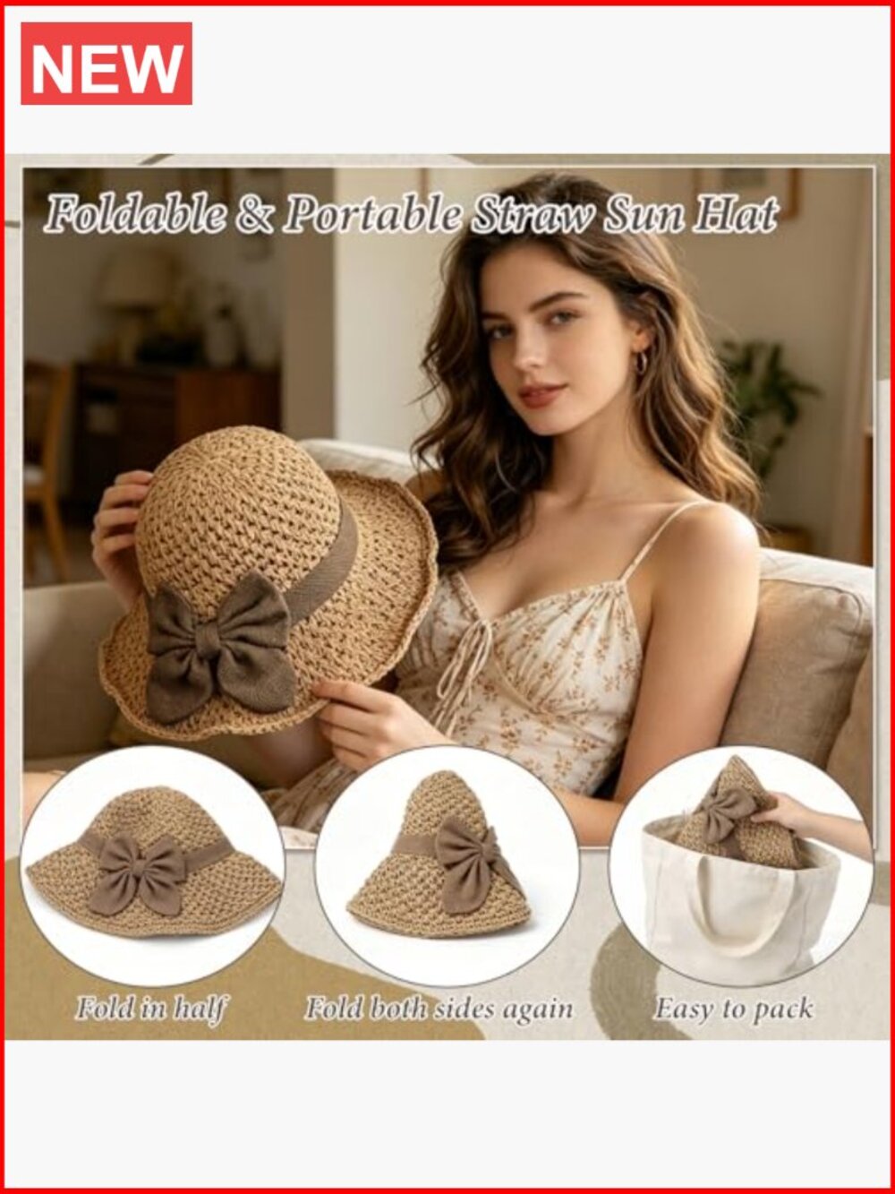 Woven Straw Wide Brim Sun Hat with Bow, Adjustable, Foldable for Travel - Picture 6 of 7